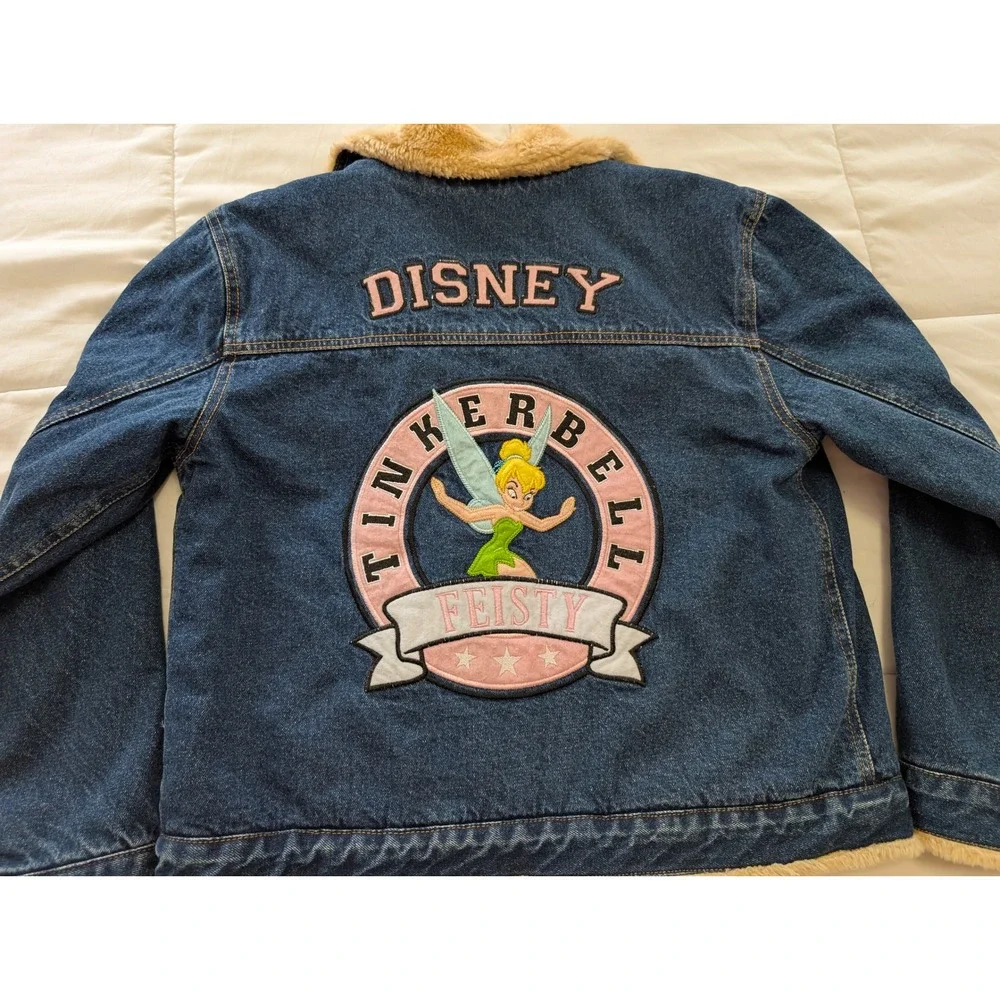 Disney Tinkerbell Feisty Denim Jacket Blue Sherpa Lined Y2K Medium Vintage Style - Picture 6 of 10